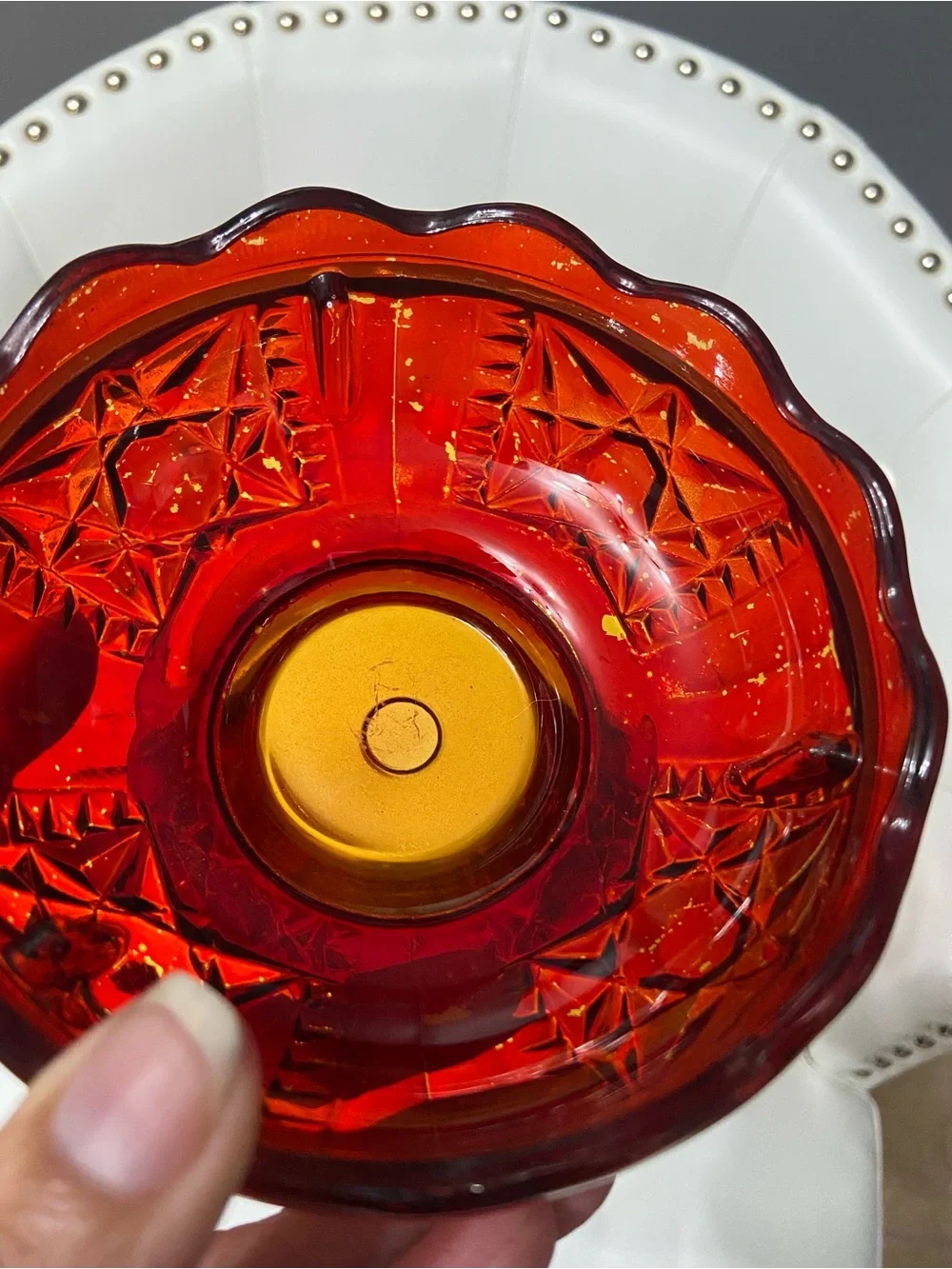 Vintage INDIANA GLASS Fairy Lamp Ruby Flash Red over Amber STARS & BARS - Picture 6 of 17